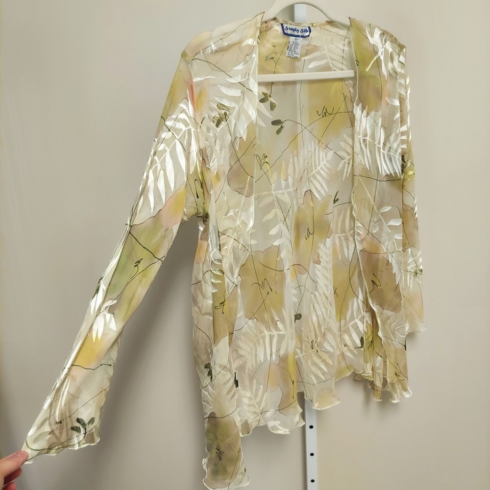 Simply Silk  Sheer Burnout Floral Open Cardigan Duster M FLAW Fairy Botanical